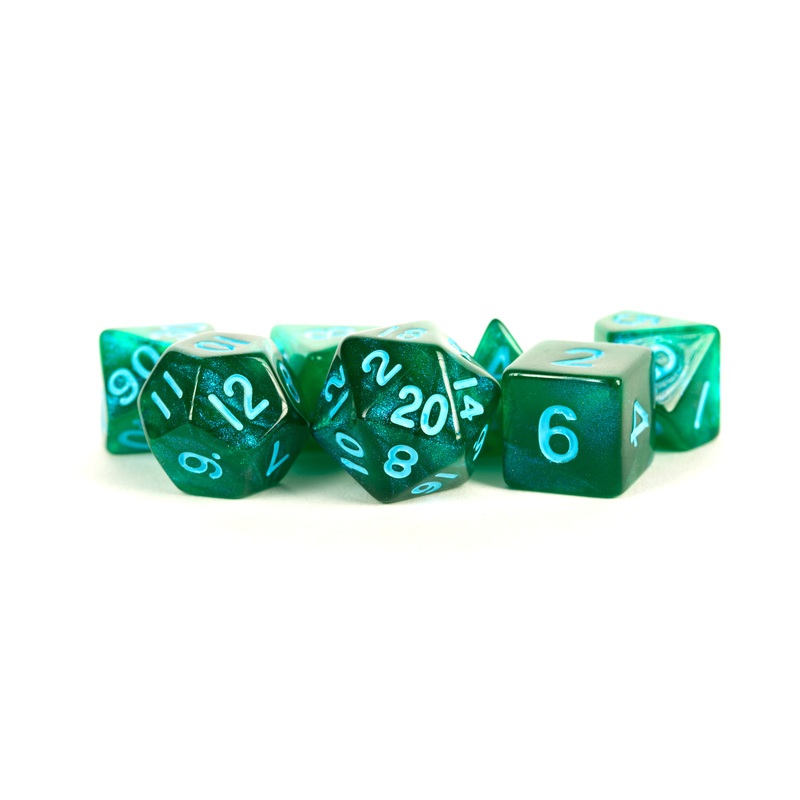 Stardust: 16mm Acrylic Poly Dice Set - Green/Blue Numbers (7)